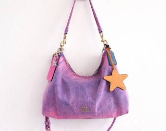 One-of-a-Kind Custom Hand-Dyed Pink Coach Laurel Shoulder Bag in Loved Denim | Reworked Designer Shoulder Bag with Charms & 2 Straps