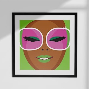 May include: A digital illustration of a person's face with brown skin, wearing large pink sunglasses with white frames. The background is green.