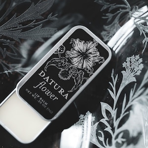 Datura lip balm - tin with beeswax, cocoa butter, moonflower inspired, dark flower perfumed organic and natural flavor