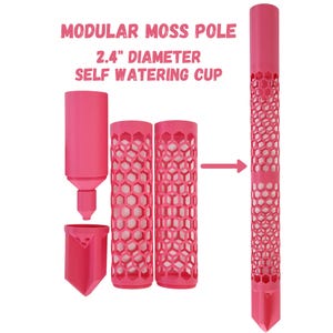 May include: A disassembled pink modular moss pole with a 2.4-inch diameter, self-watering cup. The components include a pointed base, a self-watering cup, and two honeycomb-patterned cylinders. The assembled pole is shown on the right.