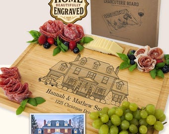 Custom Home Engraved Cutting Board, Real Estate Closing Gift, Engraved House Portrait, Personalized Charcuterie Board, Realtor Gift