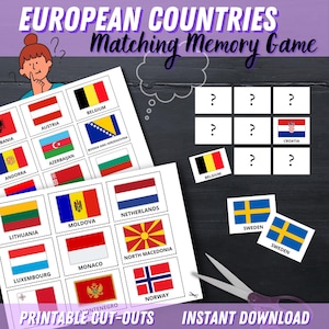 Può includere: Un gioco di memoria stampabile con bandiere di paesi europei. Il gioco include le bandiere di Austria, Belgio, Bosnia ed Erzegovina, Croazia, Moldavia, Paesi Bassi, Macedonia del Nord, Norvegia e Svezia. Il gioco è progettato per aiutare i bambini a conoscere diversi paesi e le loro bandiere.