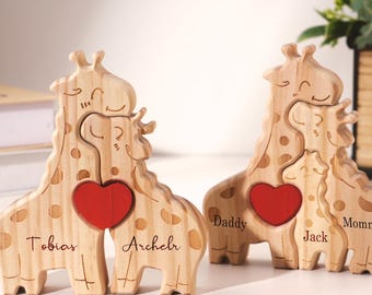 Rompecabezas personalizado de la familia de las jirafas, decoración de madera personalizada, regalo de aniversario para padres.