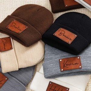 Leather Patch Beanie For Baby,Personalize Baby Beanie With Name,Knitted Beanies For Baby,Custom Newborn Hat Gifts,Custom Name Newborn Beanie