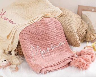 Custom Embroidered Baby Blanket: Organic Cotton Knit Tassel Blanket