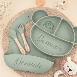 Juego de alimentación personalizado con nombre, juego de destete de dibujos animados para bebés pequeños, plato ecológico para bebés, juego de destete de silicona, regalo para baby shower