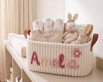 Baby opbergmand, gepersonaliseerde luiermand met eigen naam, corduroy babykamer organizer, speelgoedbak