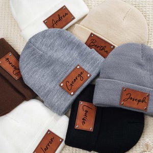 Personalize Baby Beanie With Name,Leather Patch Beanie For Baby,Knitted Beanies For Baby,Custom Newborn Hat Gifts,Custom Name Newborn Beanie