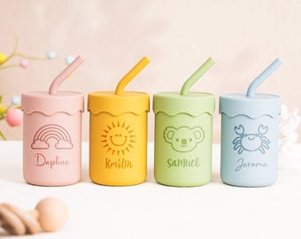 Personalized Baby Silicone Training Cup with Straw: Engraved Sippy Tumbler Gift