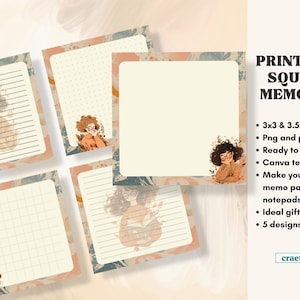 May include: Printable square memo pads in various designs. Each pad features a soft colour palette with illustrations of a person wearing glasses. The pads are available in 7.6x7.6 cm and 8.9x8.9 cm, ready to print, and can be customised using a Canva template.