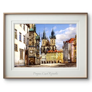 Plaza de la Ciudad Vieja de Praga, Reloj Astronómico, Iglesia de Tyn, República Checa, Impresión de pintura de acuarela original, Impresión de acuarela Geclee, Regalo