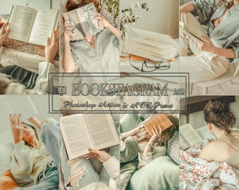 Op de afbeelding: Een collage van afbeeldingen met mensen die boeken lezen in verschillende omgevingen. De afbeeldingen hebben een zachte, warme esthetiek, met natuurlijk licht en gedempte kleuren. De tekst "BOOKSTAGRAM" en "Photoshop Action & ACR Preset" is zichtbaar.