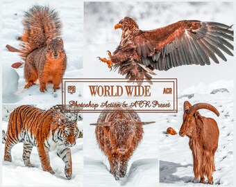 May include: A collage featuring a squirrel, eagle, tiger, Highland cow, and a mountain goat in a snowy environment. The text "WORLD WIDE Photoshop Action & ACR Preset" is displayed in a brown rectangular frame.