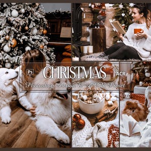 Può includere: Un collage di immagini con un tema natalizio. Le immagini includono un albero di Natale decorato, un cane bianco, una donna che legge un libro, una tazza di cioccolata calda con marshmallow e un piccolo cane che legge un libro.
