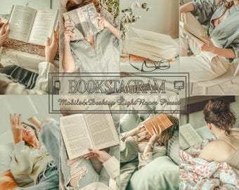 May include: A collage of images featuring people reading books in various settings. The text "BOOKSTAGRAM Mobile & Desktop Lightroom Presets" is overlaid on the images. The images have a warm, inviting aesthetic.