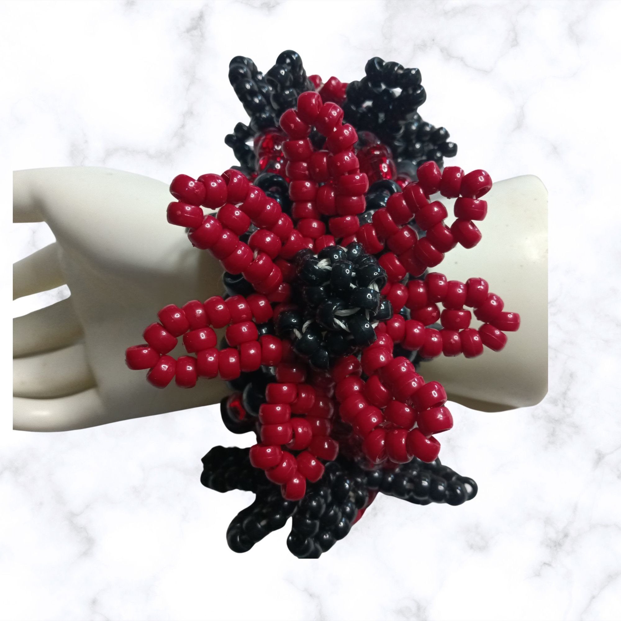 Gothic Flowers On Kandi Cuff w/ Black and Red Skull Beads HandMade Friendship Gift