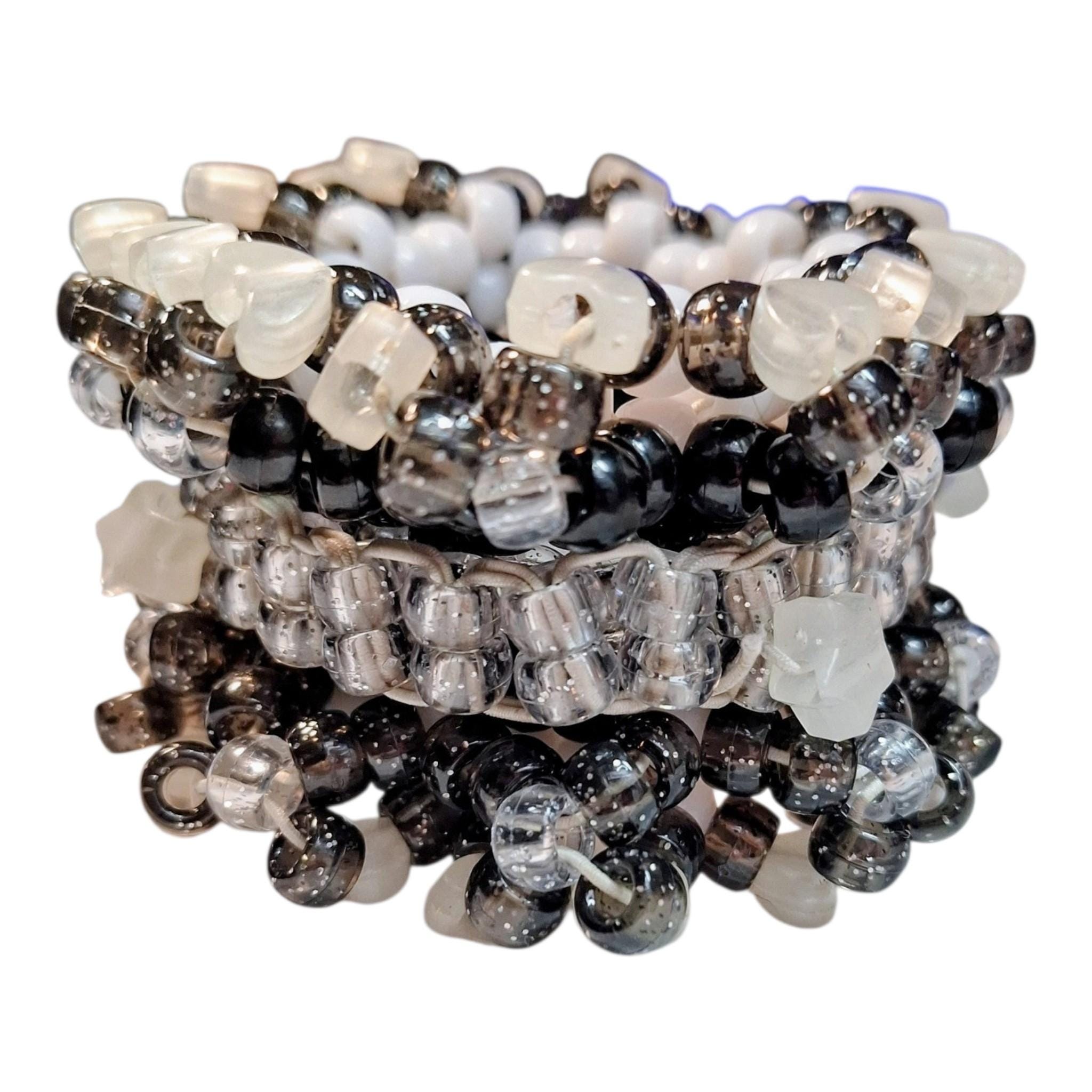 CIS Rotating Kandi Cuff Bracelet, Black and White Pony Beads, also Glow-n-Dark Hearts and Stars