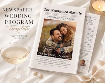 Editable Newspaper Wedding Program Template, Canva Editable Printable Wedding Newspaper, Vintage Wedding Program, Editable Wedding Itinerary