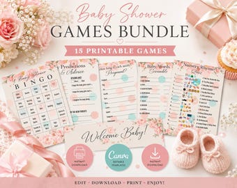 Baby Shower Games Bundle | 5 Printable Baby Shower Games | Editable Canva Template | Baby Bingo | Predictions & Advice | Instant Download