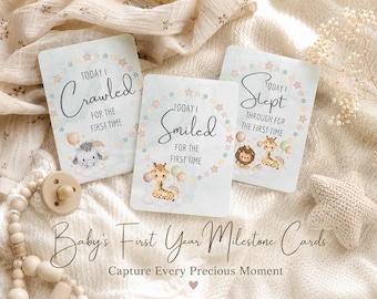 Safari Baby Milestone Cards Printable | Babys First Year Keepsake | Neutral Safari Baby Milestones | Monthly Baby Photo Prop | Newborn Cards