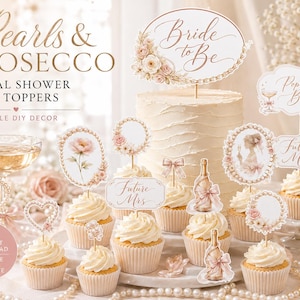 Könnte beinhalten: Eine Sammlung von druckbaren Torten- und Cupcake-Aufsteckern im Pearls & Prosecco-Design. Die Motive enthalten Schriftzüge wie Bride to Be, Pop the Bubbly und Future Mrs, verziert mit Illustrationen von Perlen, rosa Rosen, Schleifen und Sektflaschen.