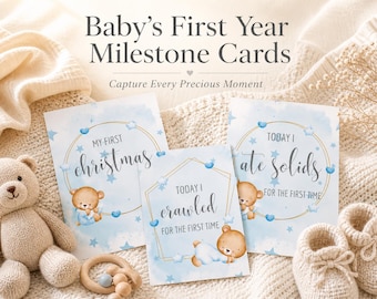 Tarjetas imprimibles para hitos de bebé niño / Hitos de bebé en azul pastel / Accesorios para fotos mensuales de bebé / Tarjetas de hitos para recién nacidos / Idea de regalo para baby shower