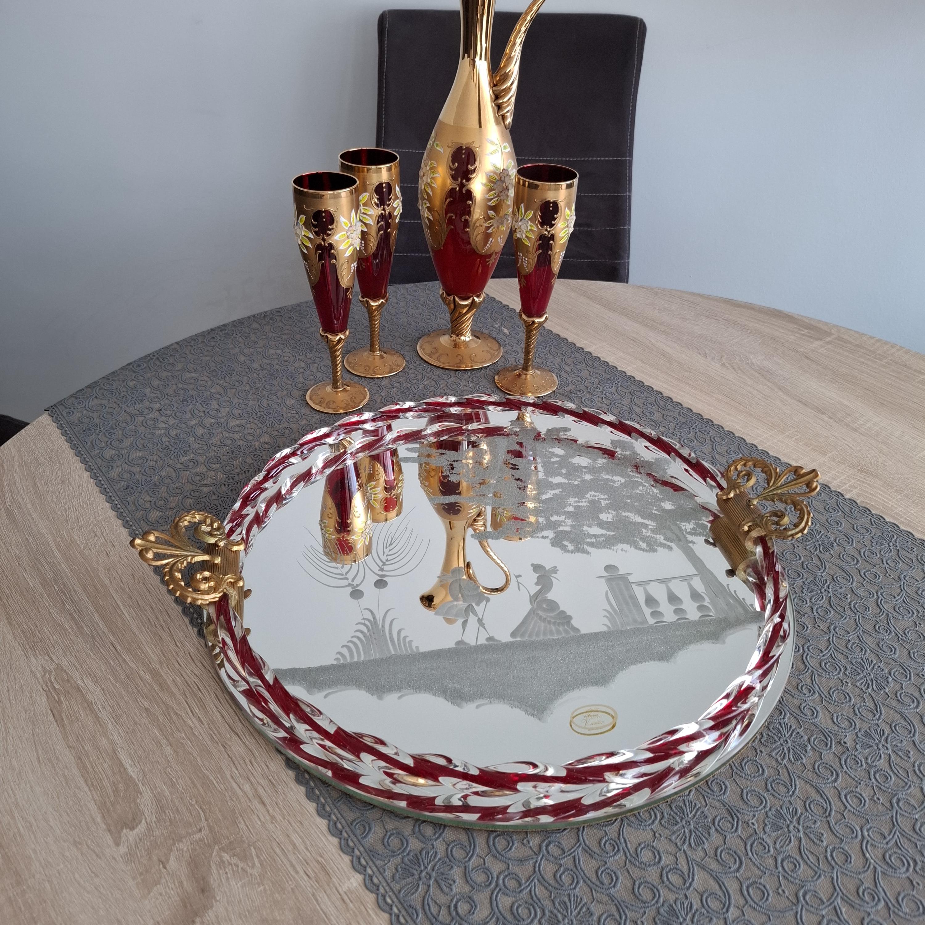 イタリアムラーノ•ベネチアングラスミラートレイ＆ベネチアングラス*水差しセット！ イタリアムラーノ•ベネチアングラスミラートレイ＆ベネチアン