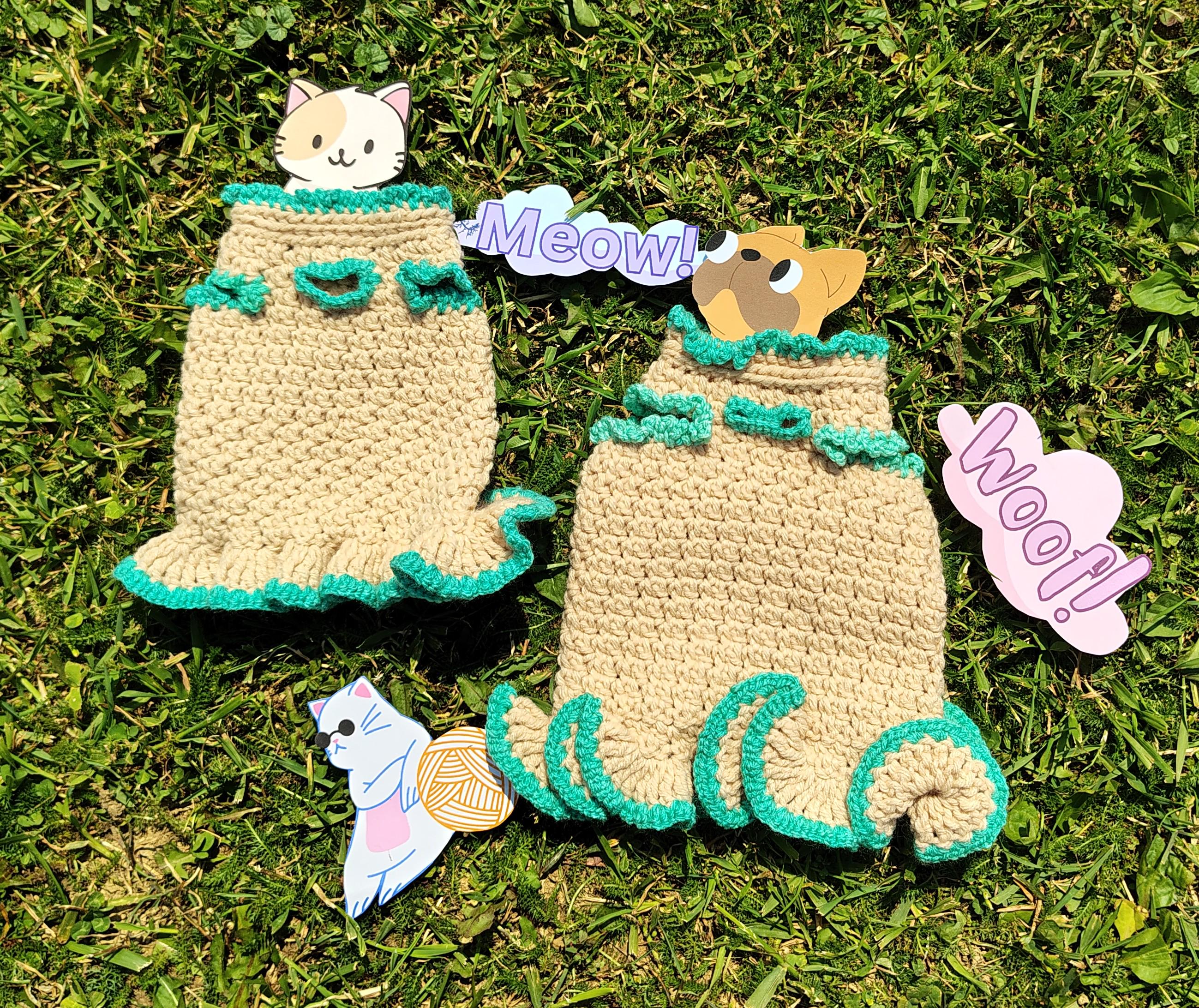 XS Dog Sweater Dress, Extra Small Pet Clothes, Teal & Tan Cat Sweater, Tiny Dog Sweater, Crochet Dog Outfit