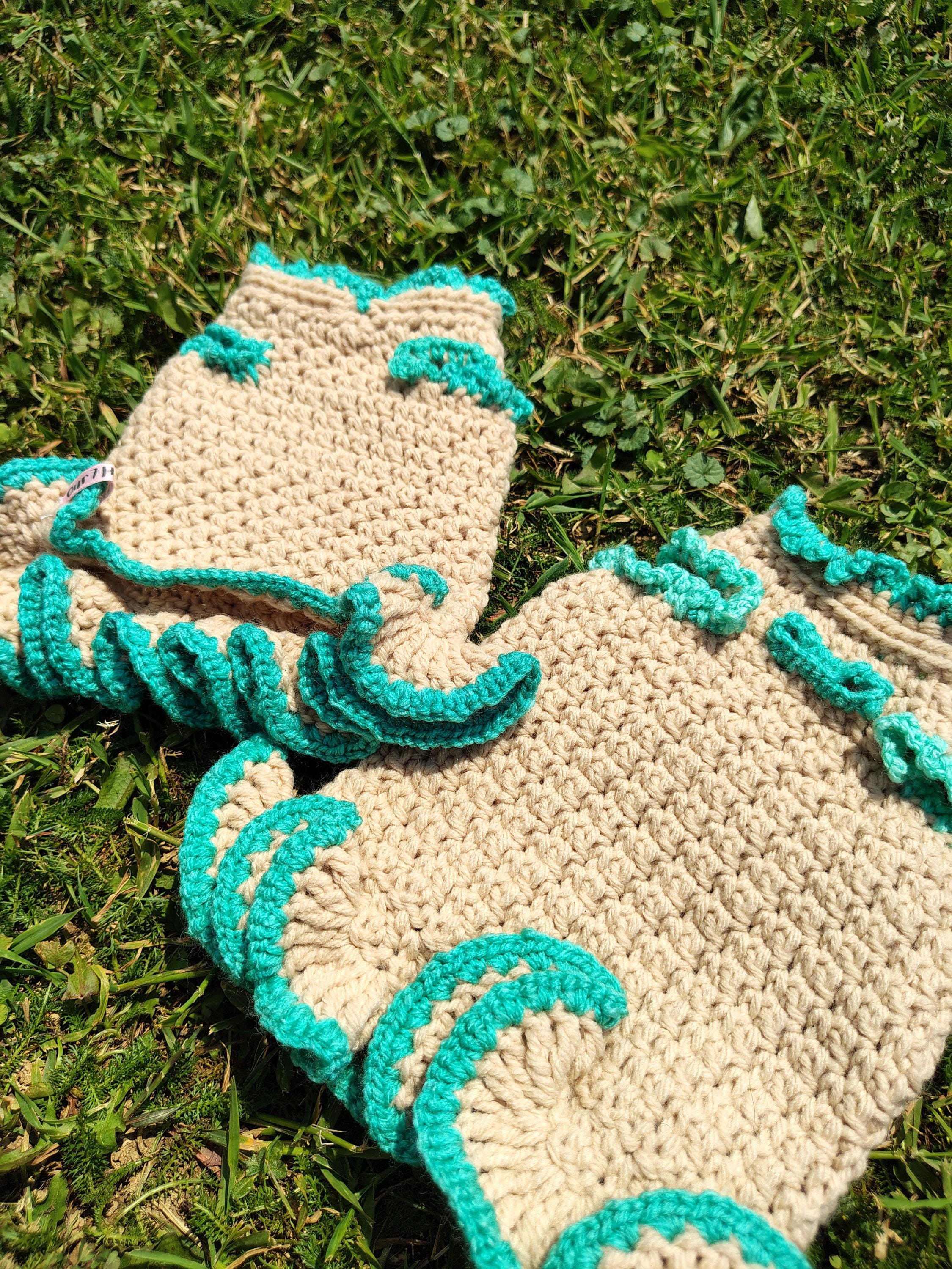 XS Dog Sweater Dress, Extra Small Pet Clothes, Teal & Tan Cat Sweater, Tiny Dog Sweater, Crochet Dog Outfit - Thumbnail 3