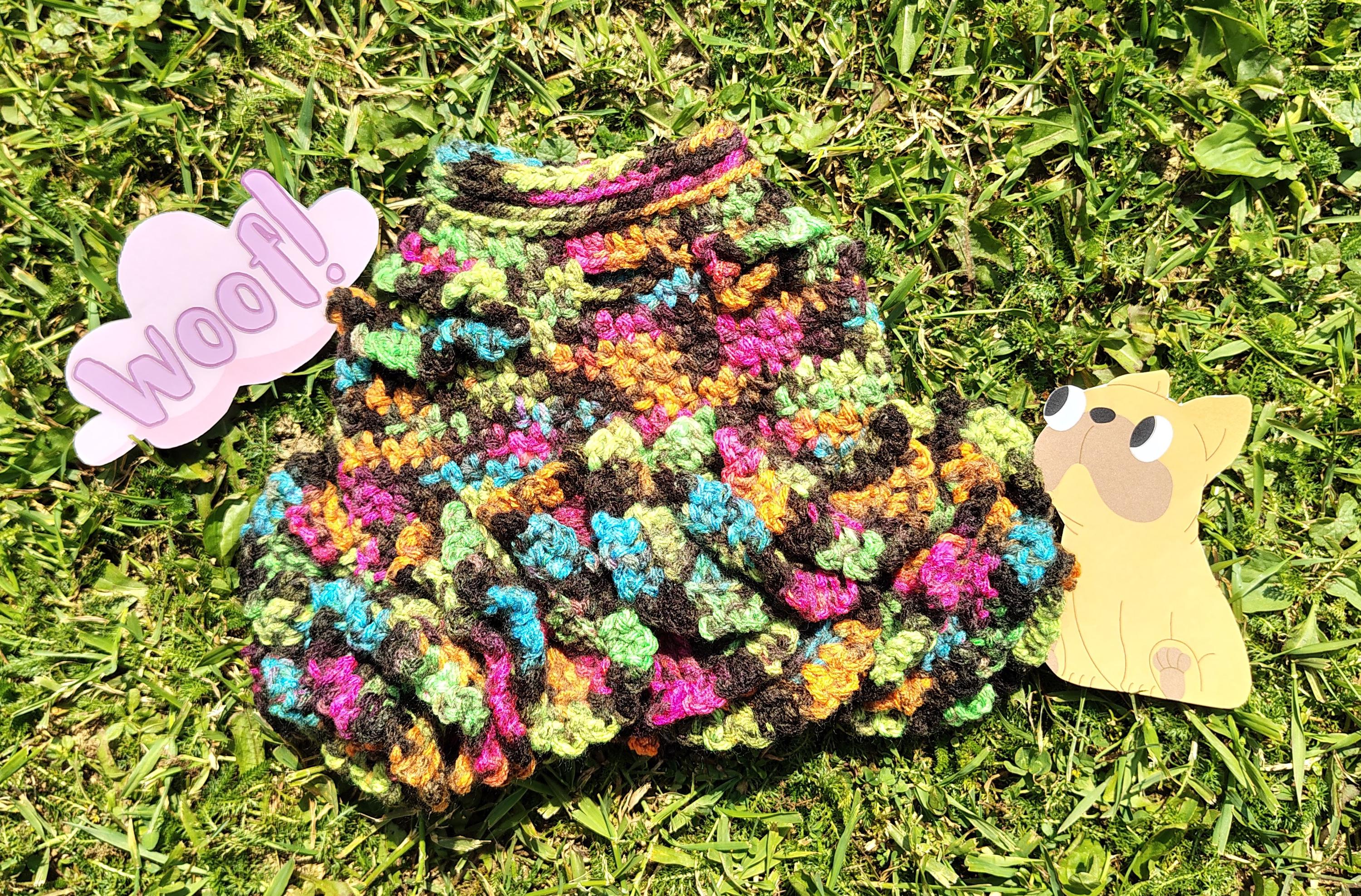 XS Dog Sweater Dress, Pet Clothes, Gift Idea for Dog Owner, Colorful Camo Ruffled Dog Outfit, Full Skirt Crochet Pet Dress