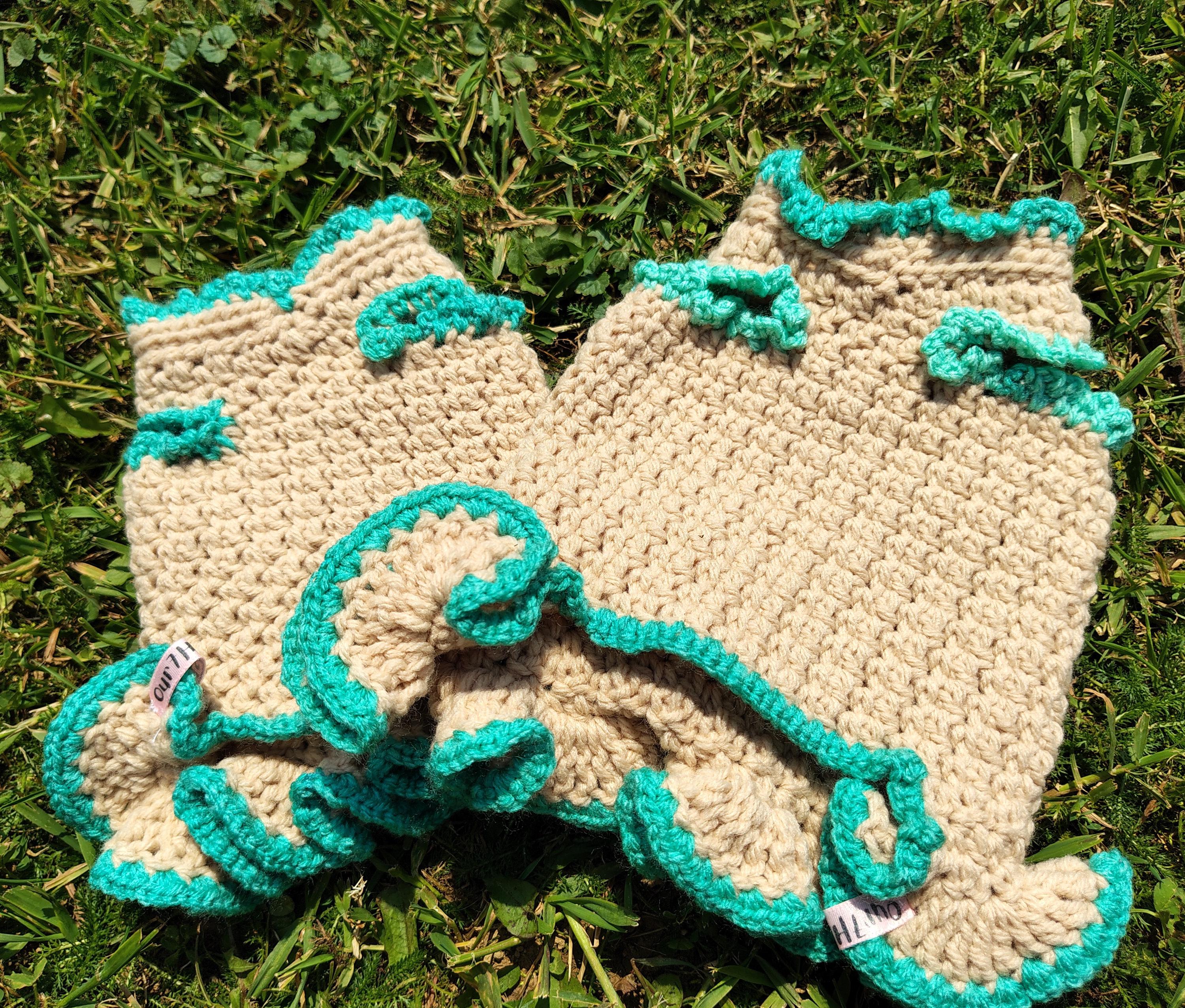 XS Dog Sweater Dress, Extra Small Pet Clothes, Teal & Tan Cat Sweater, Tiny Dog Sweater, Crochet Dog Outfit - Thumbnail 2