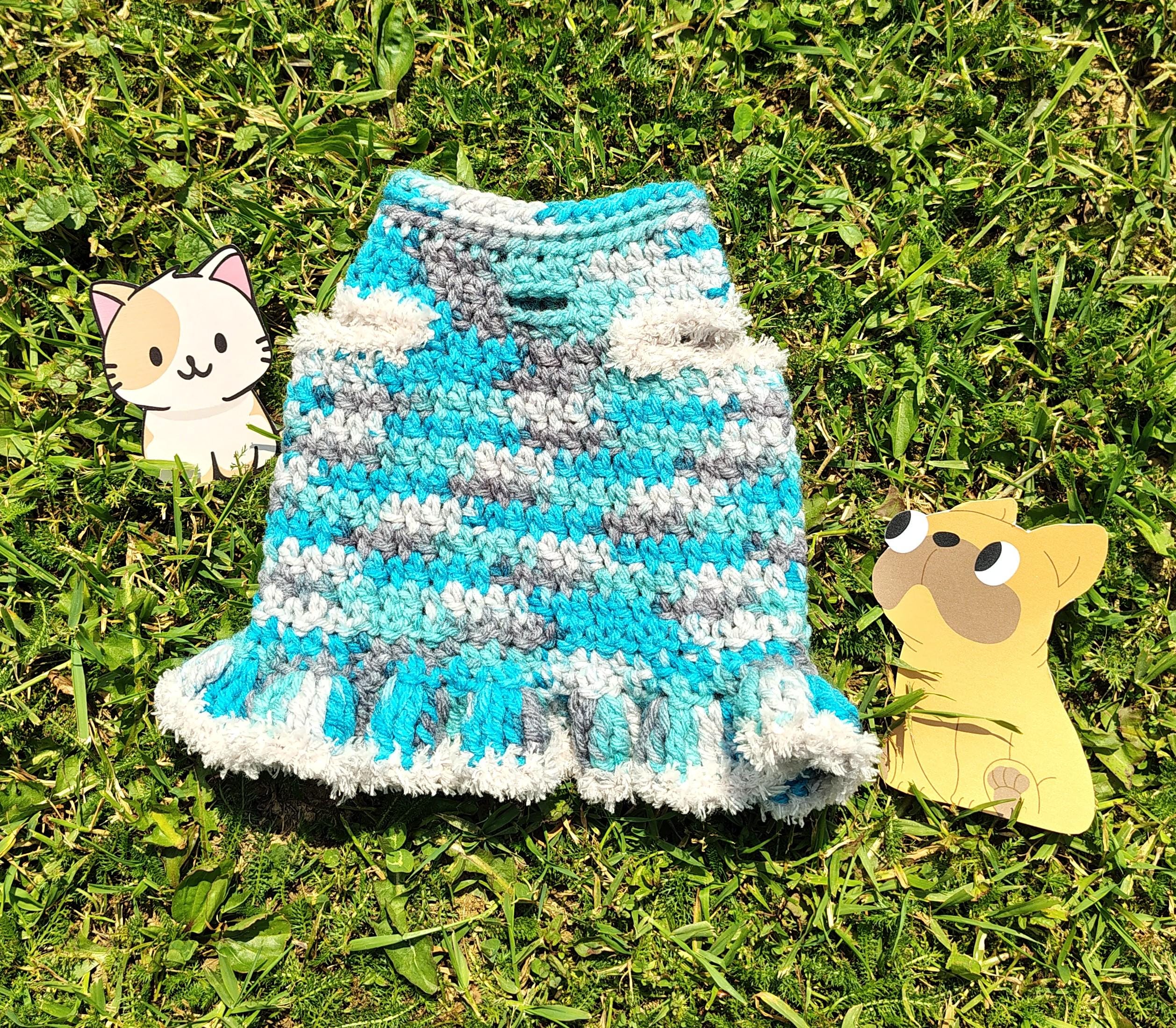 XS Dog Sweater Dress, Tiny Dog Ruffled Skirt, Boutique Dog Outfit, Dog Winter Clothing, Blue & Grey Dog Dress - Thumbnail 2