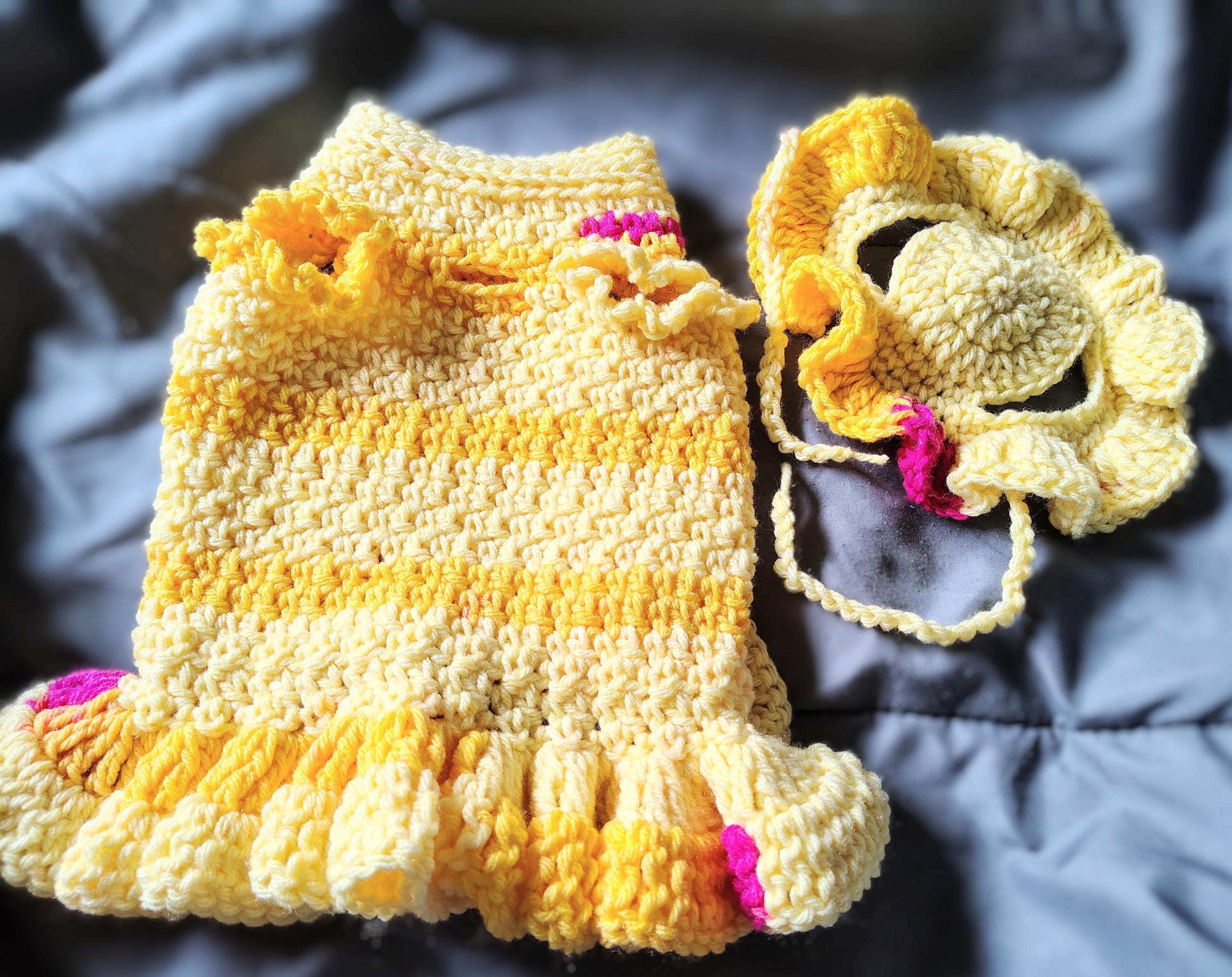 Small Dog Dress with Matching Bucket Hat, Hand Crocheted Pet Fashion, Dog Hat, Pet Lover Gift, Dog Costume, Pet Summer Clothes, Dog Sweater