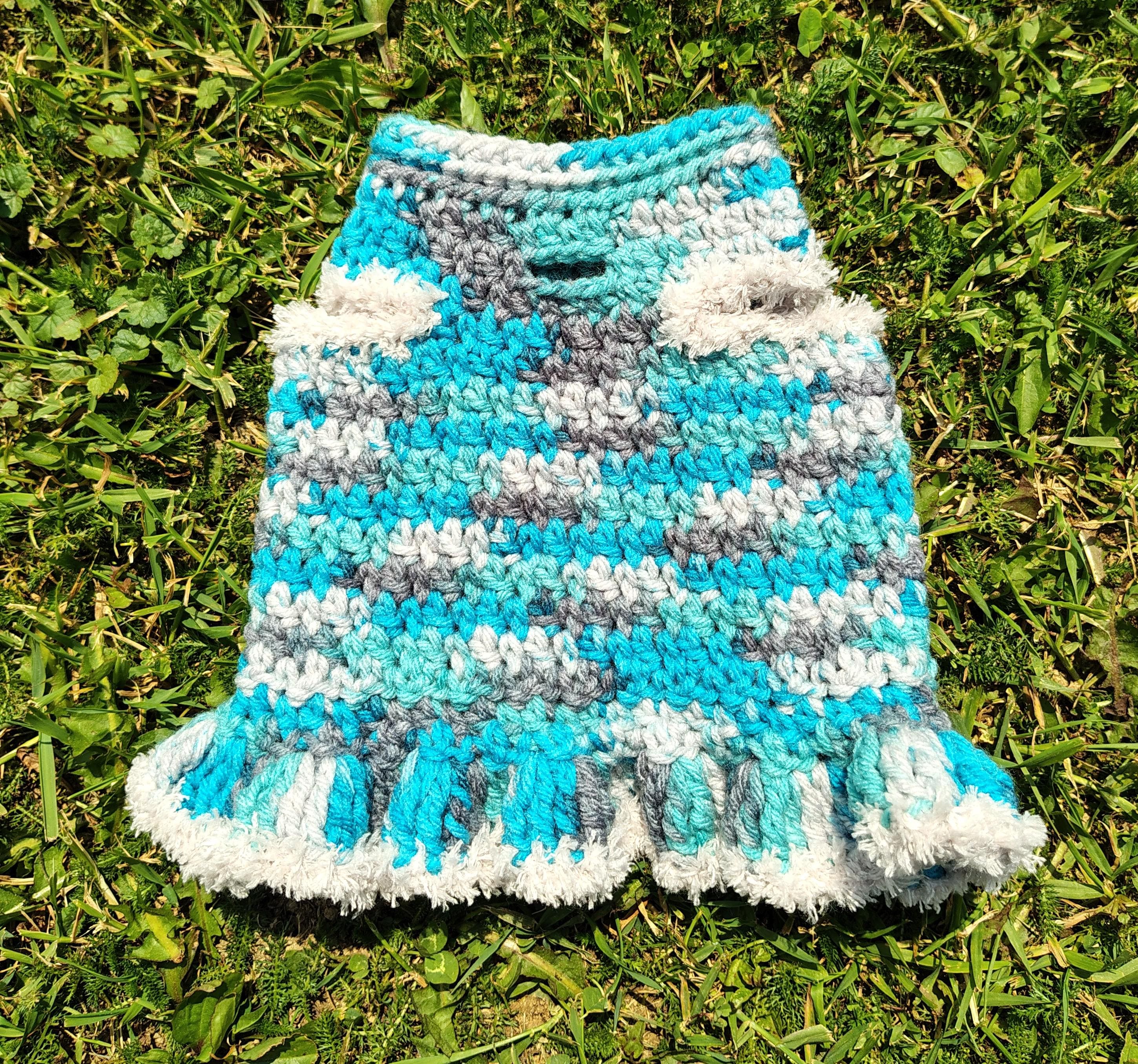 XS Dog Sweater Dress, Tiny Dog Ruffled Skirt, Boutique Dog Outfit, Dog Winter Clothing, Blue & Grey Dog Dress - Thumbnail 3