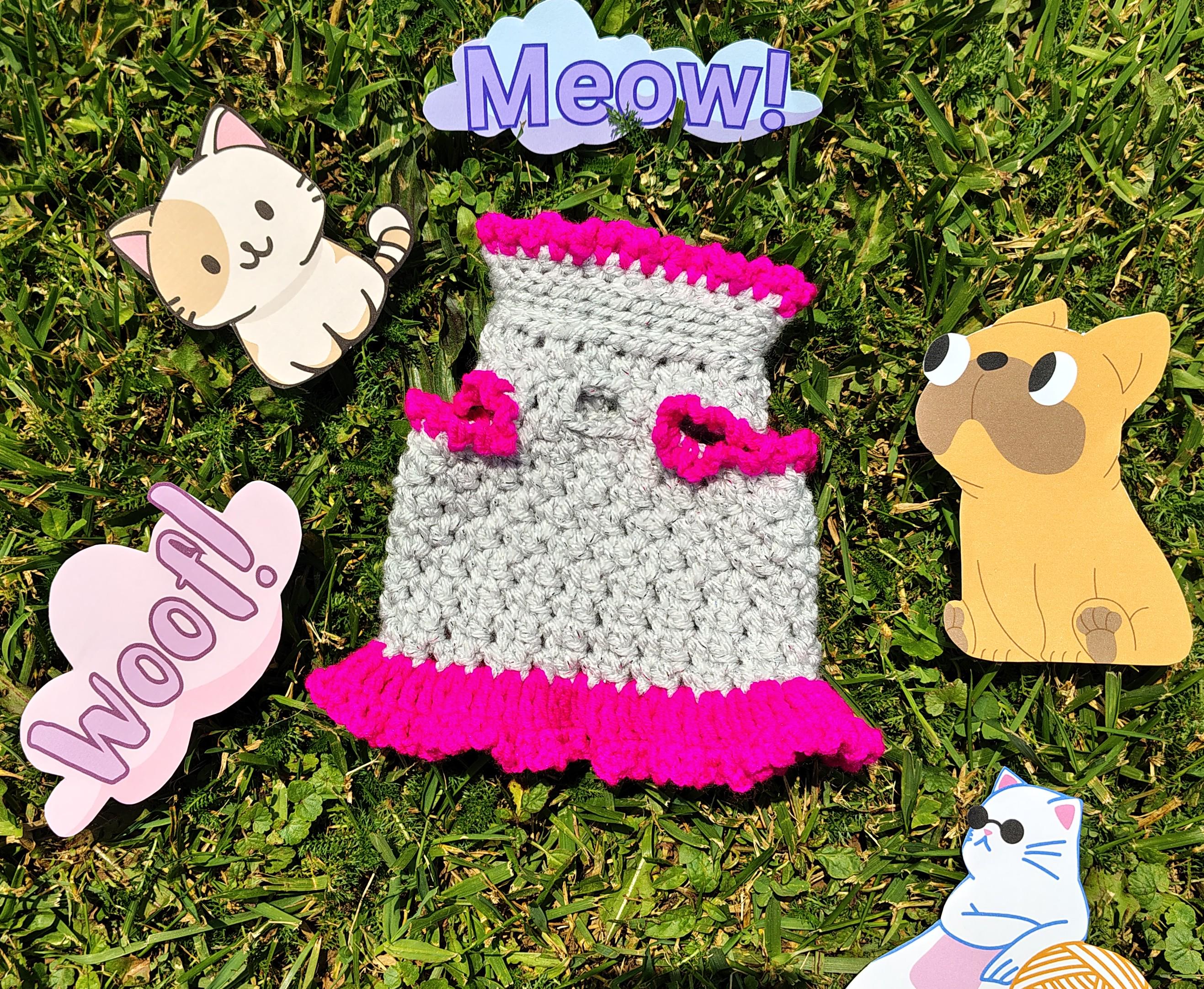 XXS Dog Dress, Pet Sweater, Handmade Dog Lover Gift Idea, Silver and Pink Tiny Dog Dress, Dog Mom Gift Idea, Hand Crocheted Pet Clothes