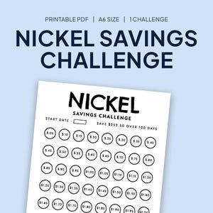 May include: A white printable "Nickel Savings Challenge" sheet with a light blue background. The sheet has a grid of circles with increasing amounts in pounds, designed to save £252.50 over 100 days. The text "Nickel Savings Challenge" is at the top.