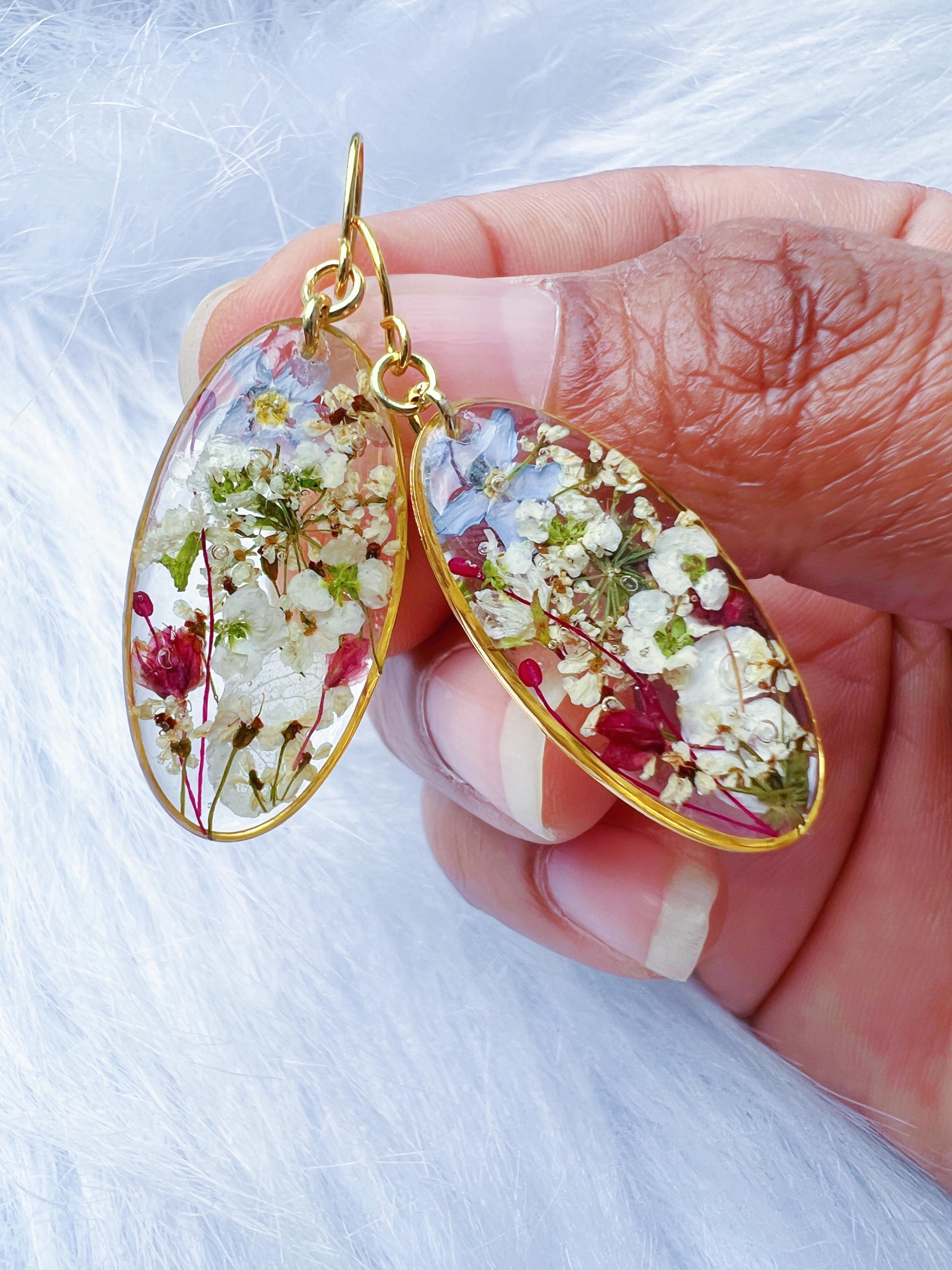 Harsoorbellen met echte bloemen: 18k verguld, lichtgewicht, handgemaakt