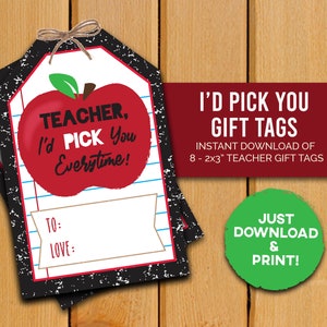 Apple Teacher Appreciation Gift Tags - Teacher Appreciation Week - I&#39;d Pick You- Gift & Present Gift Tags - PRINTABLE