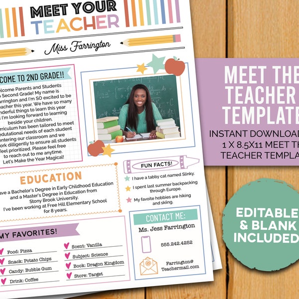 Meet The Teacher Template, Colorful Editable Template, Back to School Teacher Flyer, Classroom Printable Template