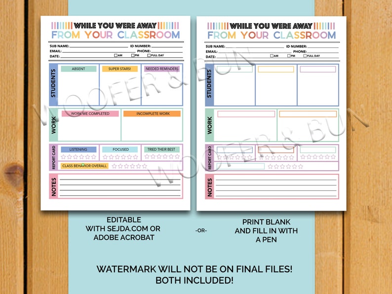 May include: Printable classroom substitute teacher form with sections for student names, work completed, behavior report, and notes. The form has a colorful design with pink, blue, and yellow accents. The text "While you were away from your classroom" is at the top of the form.