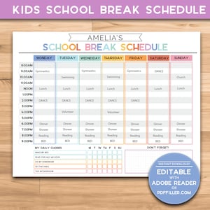 School Break Schedule | Weekly Schedule Layout | Kids, Tweens & Teens Weekly Planner | Spring Break |  Summer Vacation Chart