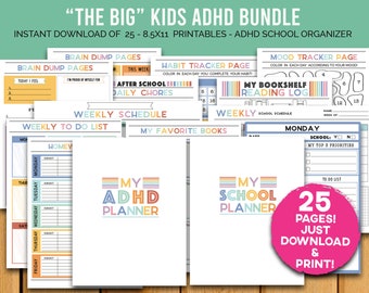 Kids ADHD/School Planner and Organizer - 25 Pages! - 8.5x11 Neurodivergent Printables for School + College - Tweens and Teens Notepages