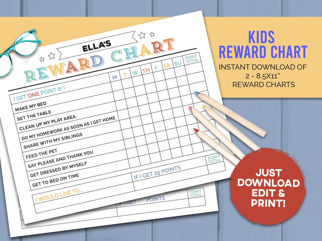 Kids Reward Chart - Responsibility Chore Chart - Editable 8.5x11" PDF ...