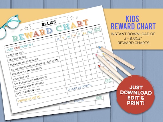 Kids Reward Chart - Responsibility Chore Chart - Editable 8.5x11" PDF AND Blank Chart - Kids Daily Checklist