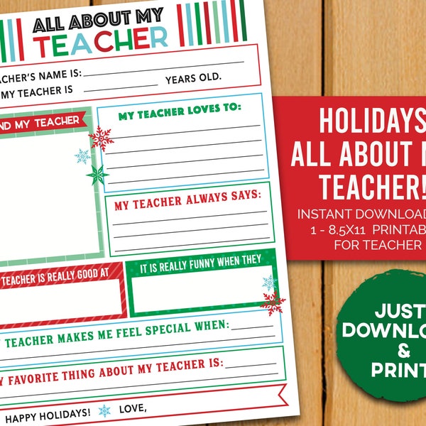 All About My Teacher - Holiday Edition - Teacher Questionnaire and Christmas Gift - 8.5x11 - Printable Holiday Card from Kids & Tweens