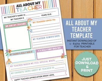 Teacher Appreciation Week Printable, All About My Teacher Template, Class Survey, Elementary School Coloring Page, Thank You