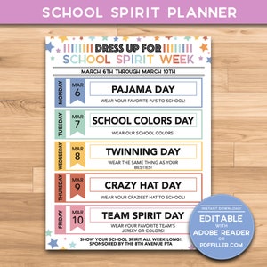 School Spirit Planner & Template - 8.5x11 - Elementary Teacher PTA PTO Printable - Spirit Week Flyer Itinerary Schedule - Editable and Blank