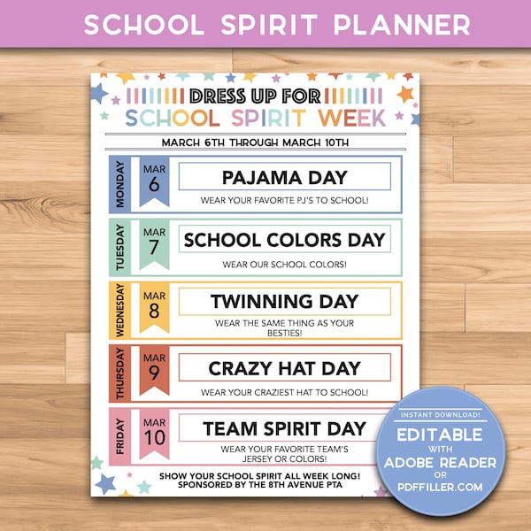 School Spirit Planner & Template - 8.5x11 - Elementary Teacher PTA PTO Printable - Spirit Week Flyer Itinerary Schedule - Editable and Blank