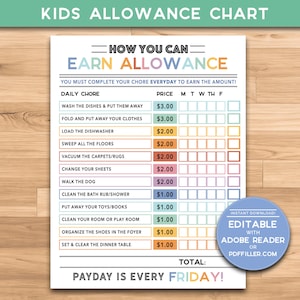 Kids Chore Chart - Allowance Chart - INSTANT Download - 8.5x11 Tracking Printable - Earn Money Chore Chart - Editable PDF & BLANK!