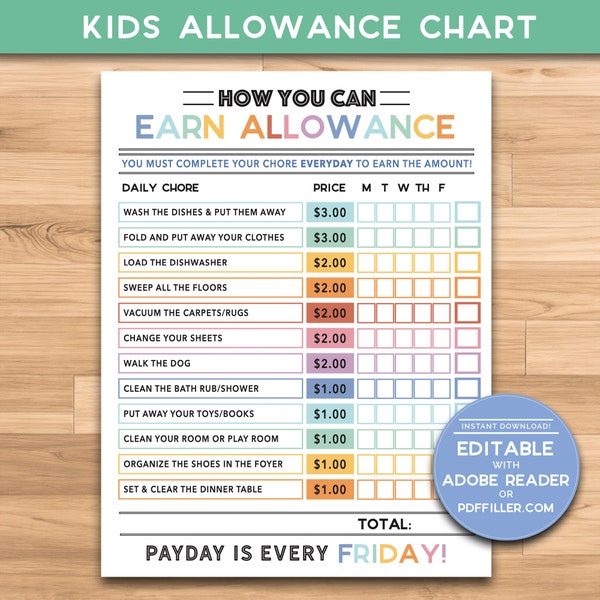 Kids Chore Chart - Allowance Chart - INSTANT Download - 8.5x11 Tracking Printable - Earn Money Chore Chart - Editable PDF & BLANK!